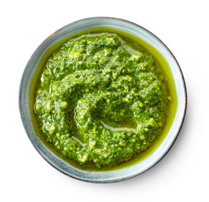 Bowl,of,basil,pesto,isolated,on,white,background,,top,view